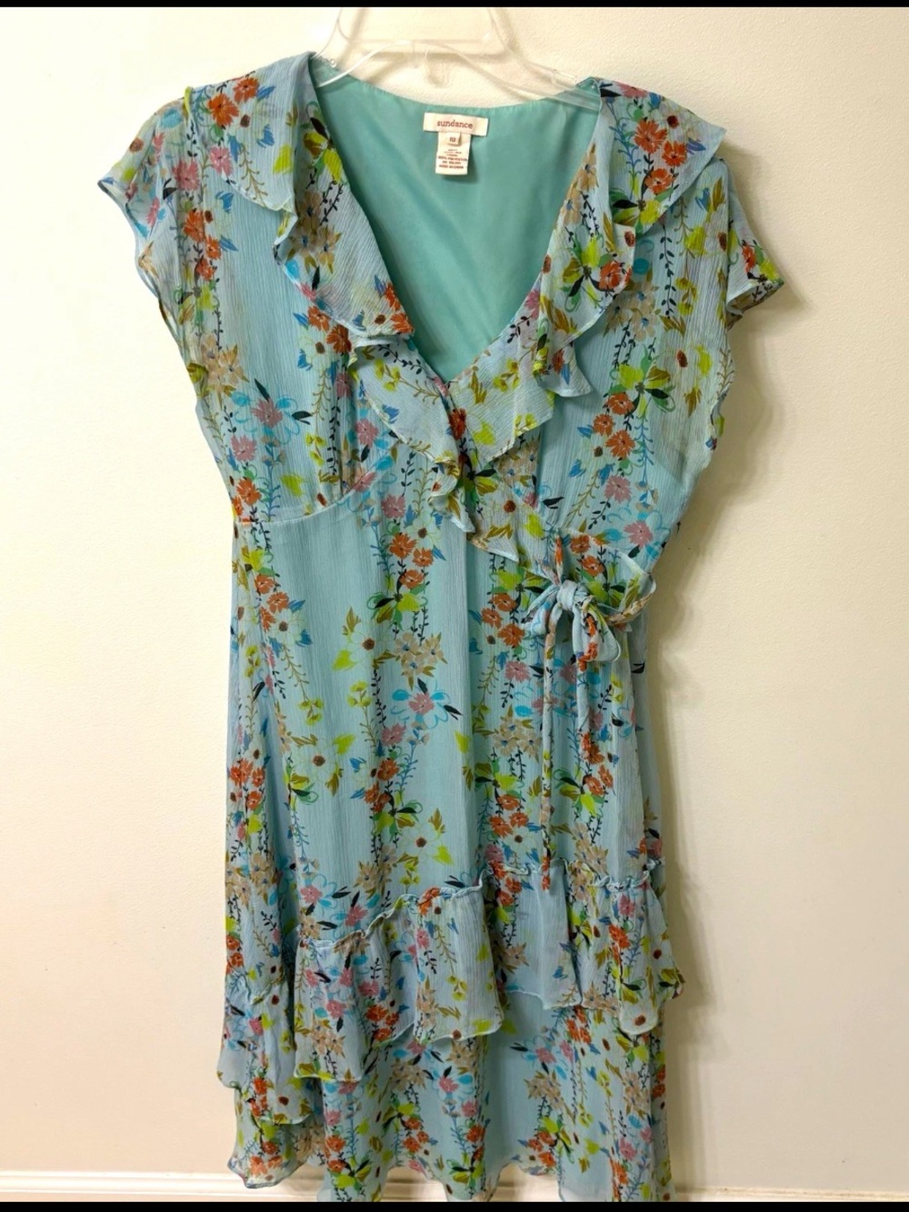 Sundance Silk Blue Floral Ruffle Faux Wrap Midi Dress Romantic Cottagecore